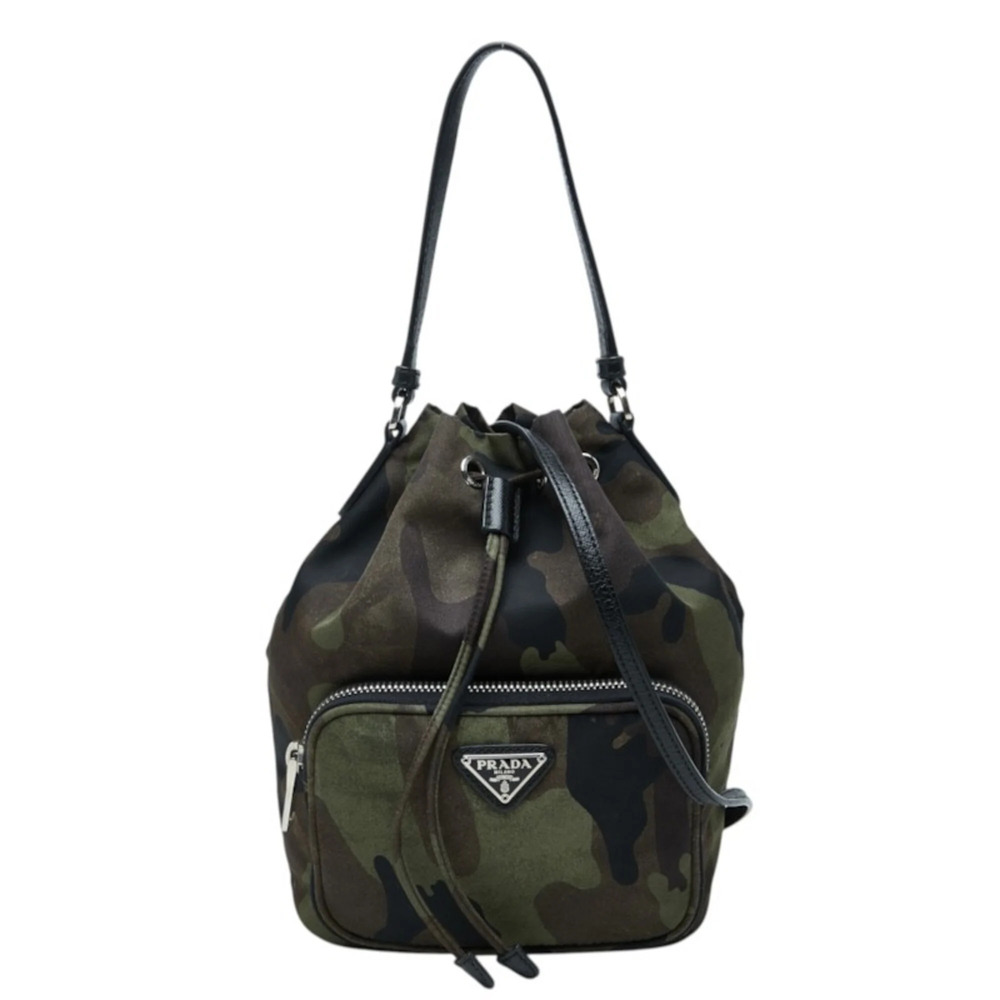 Prada Triangle Logo Plate Camouflage Handbag 2-Way Shoulder Bag Khaki Green B...